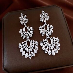 Elegant Silver-Tone Crystal Chandelier Earrings - White